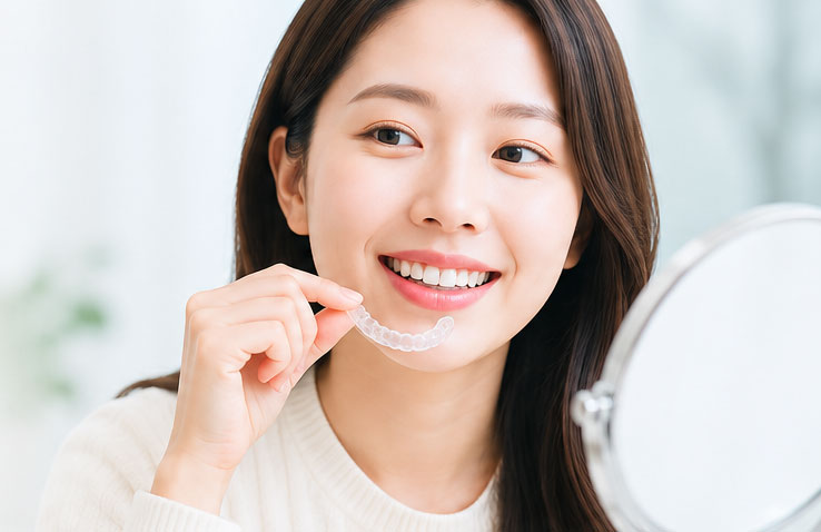 강남 직장인 교정 — 투명교정 장치를 든 성인 여성 센트럴치과 강남점